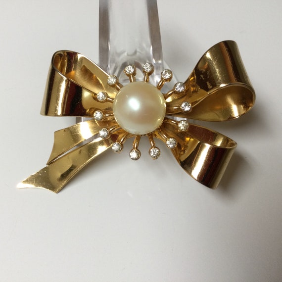 Vintage Signed Coro Brooch Pin Faux Pearl Rhinest… - image 3