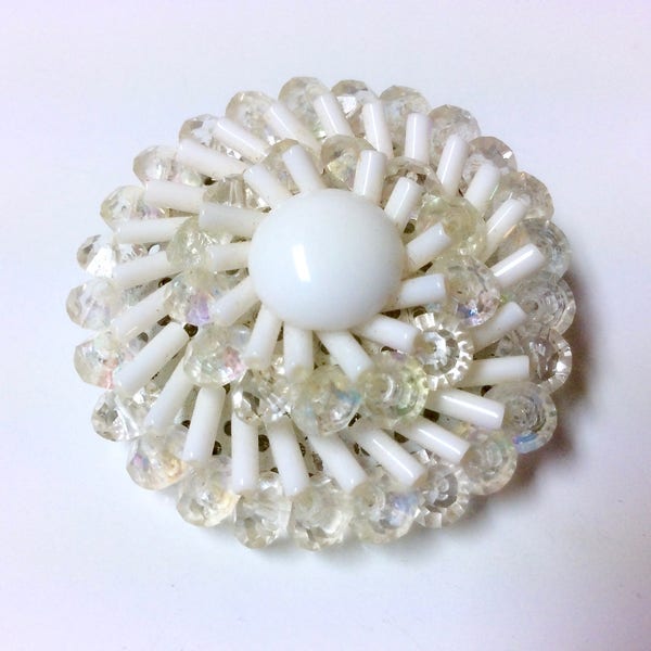 Fascinating Vintage West Germany AB Crystals & White Milk Glass Bugle Beads Round Brooch Pin