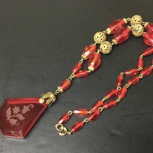 Made in Czechoslovakia Glass Necklace Cherry Red Intaglio Pendant