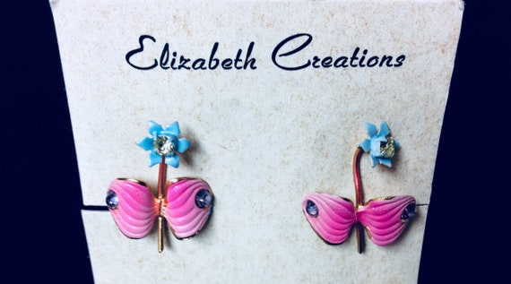 Vintage Clip On Earrings Pink Enamel Blue Flowers… - image 1