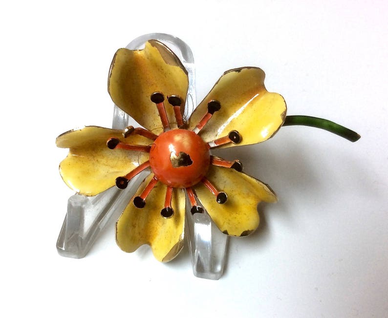 Delightful Vintage Signed ORIGINAL by ROBERT Enamel Flower BroochYellow Orange