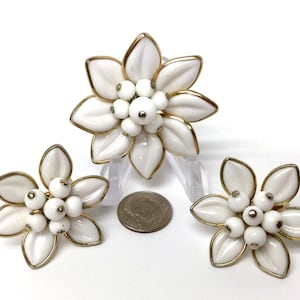 Vintage Signed Coro White Glass Flower Brooch and Clip Earrings Set