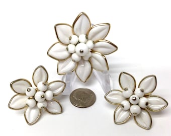 Vintage Signed Coro White Glass Flower Brooch and Clip Earrings Set