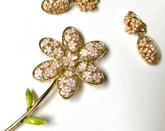 Flower Brooch Pin and Clip On Earrings Set Pink Enamel