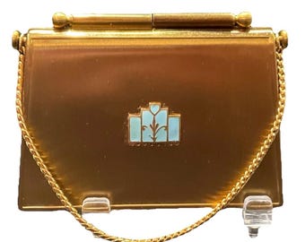 Vintage Dance Compact Purse Turquoise Enamel Gold Tone Chain