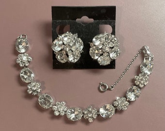 Coro “Directorie” Rhinestone Bracelet and Clip On Earrings Set 1955 Brilliant