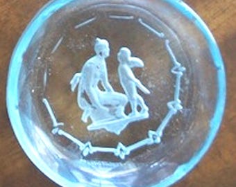 Vintage Made in Czechoslovakia Salt Cellar Vanity Dish Aqua Angels Cut Glass Mythology