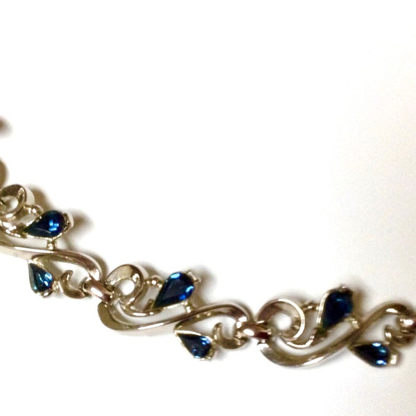 Crown Trifari Rhodium Plated Sapphire Blue Rhinestone Bracelet