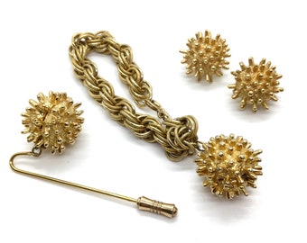 Brutalist Signed Castlecliff Four Piece Bracelet Clip On Earrings and Stick Pin Set