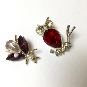 2 Signed Dodds Brooches Rhinestone Owl and Purple Insect Wings
