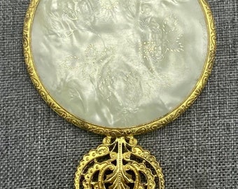 Irice Made in Czechoslovakia Hand Mirror Tapestry Ornate Gold