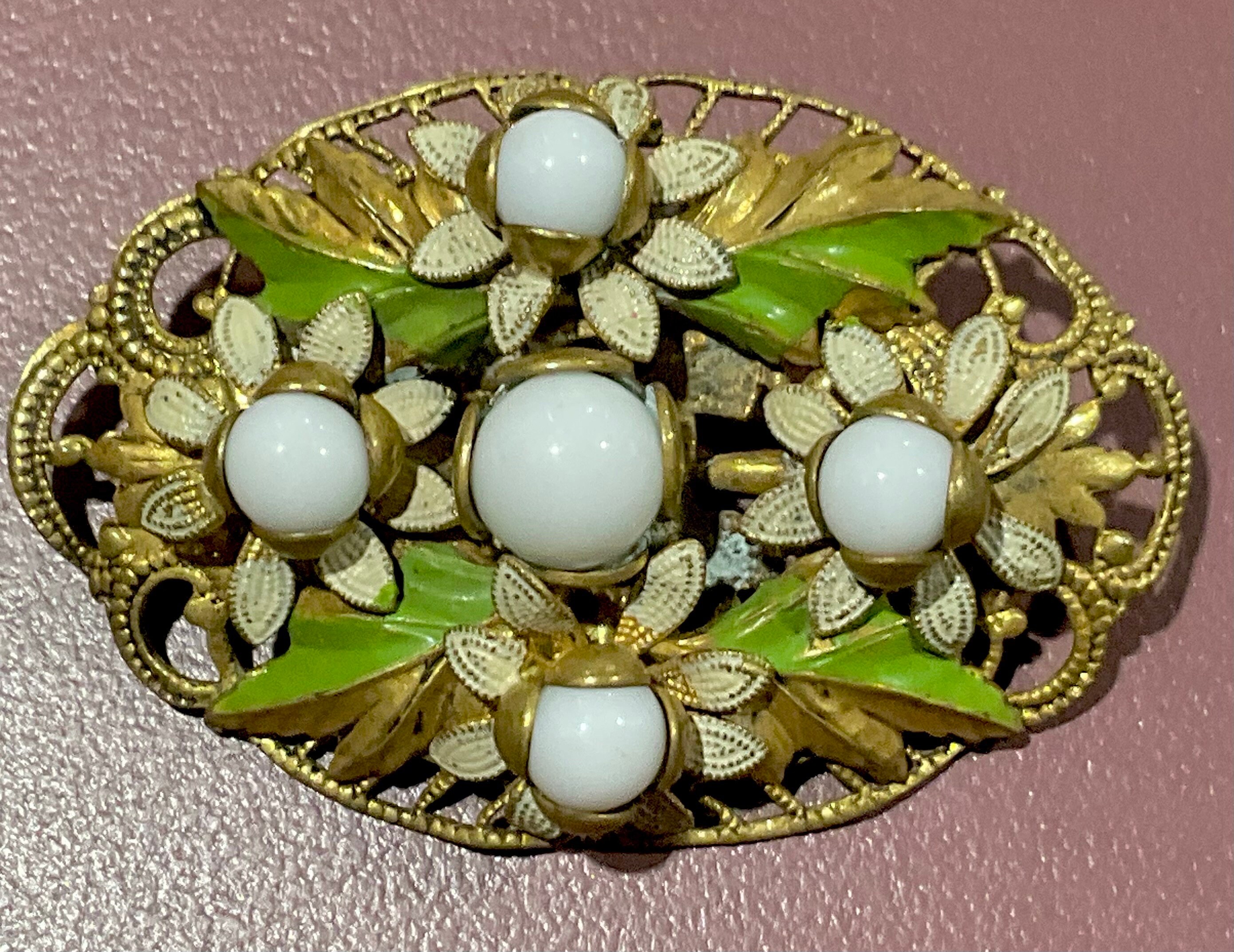 Broche Vintage Tchécoslovaquie Pâte De Verre Et Laiton - Style Max Neiger, Occasion