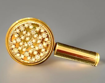 Vintage lippenstifthouder Lipvue ronde spiegelsteentjes zaadparels goudkleur