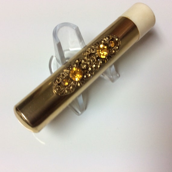 Vintage Toothbrush Holder Gold Tone Metal Amber Rhinestones Etsy