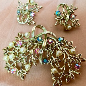Signed Coro Brooch and Matching Clip Earrings Set Rhinestones