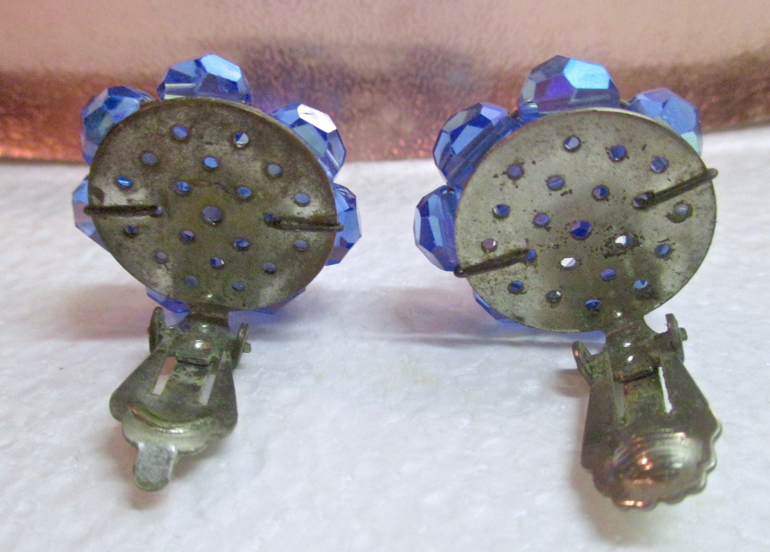 Boucles D'oreilles Clips Anciennes Perles Verre Bleu Et Jaune - N°126 - Parfait état