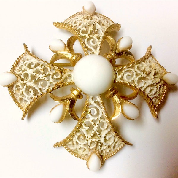 Vintage Crown Trifari Maltese Cross Brooch White Enamel Filigree White Cabochons