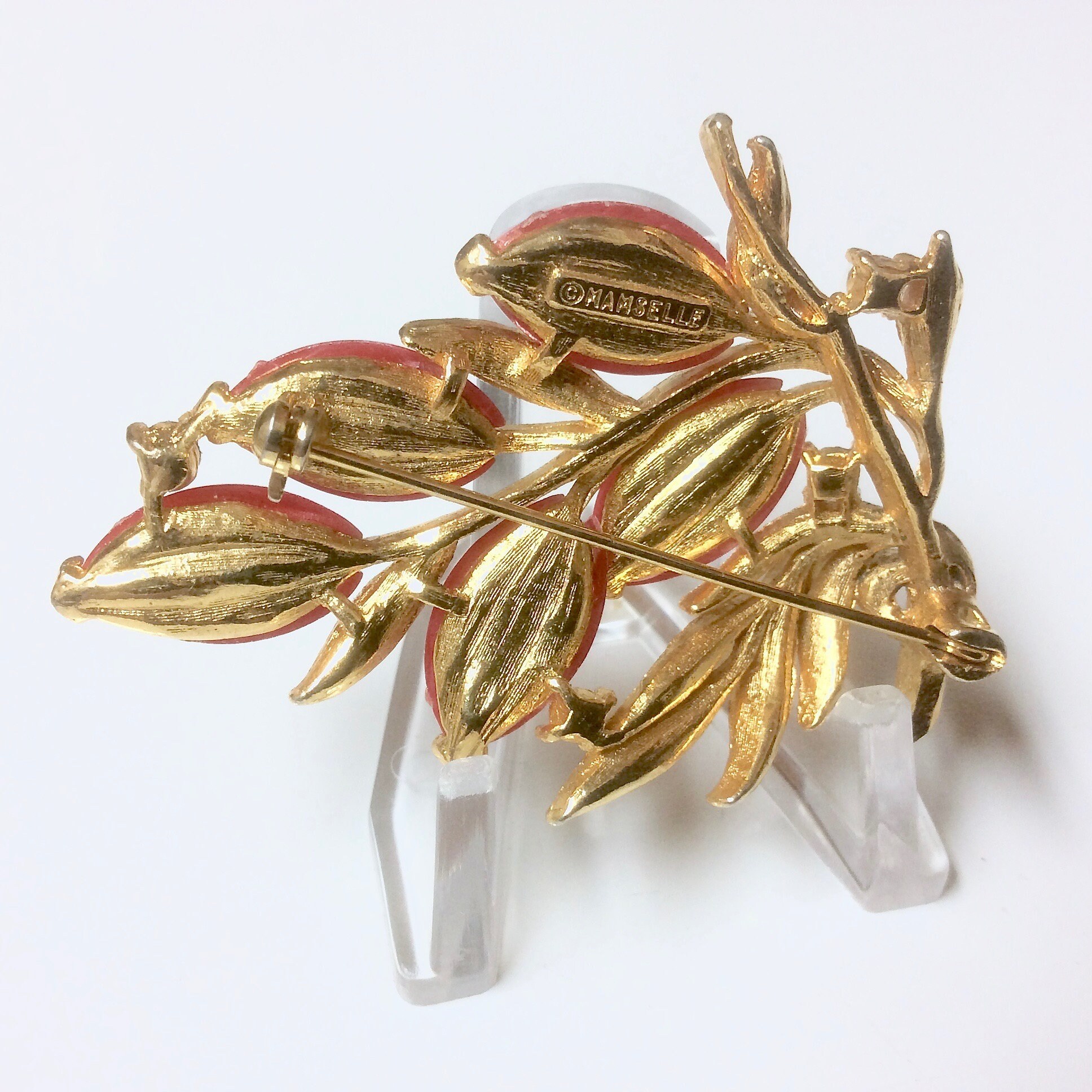 Vintage Signed Mamselle Cherry Red Brooch Pin 5 Red Flowers
