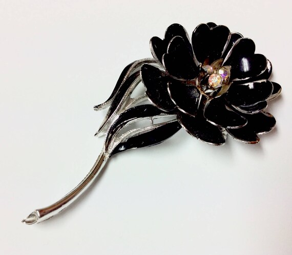 Vintage Signed Coro Black and Silver Tone  Flower… - image 2