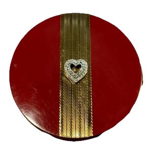 Vintage Rex Fifth Avenue Flapjack Poeder Compact Strass Hart Rood Emaille