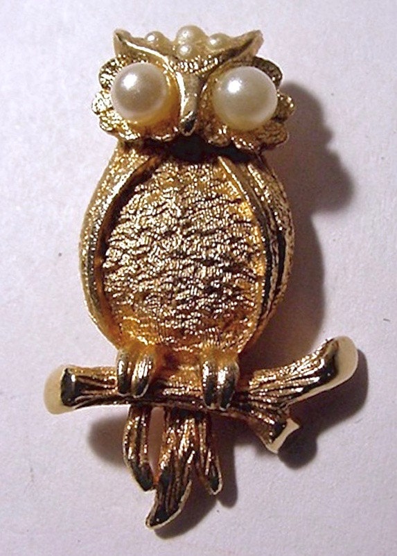 Vintage Tiny Hobe Owl Perched on Branch Pendant Faux Pearl Eyes Accented