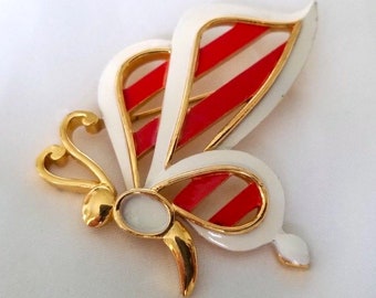 Enameled Signed Crown Trifari Butterfly Red and White Retro Brooch Pin