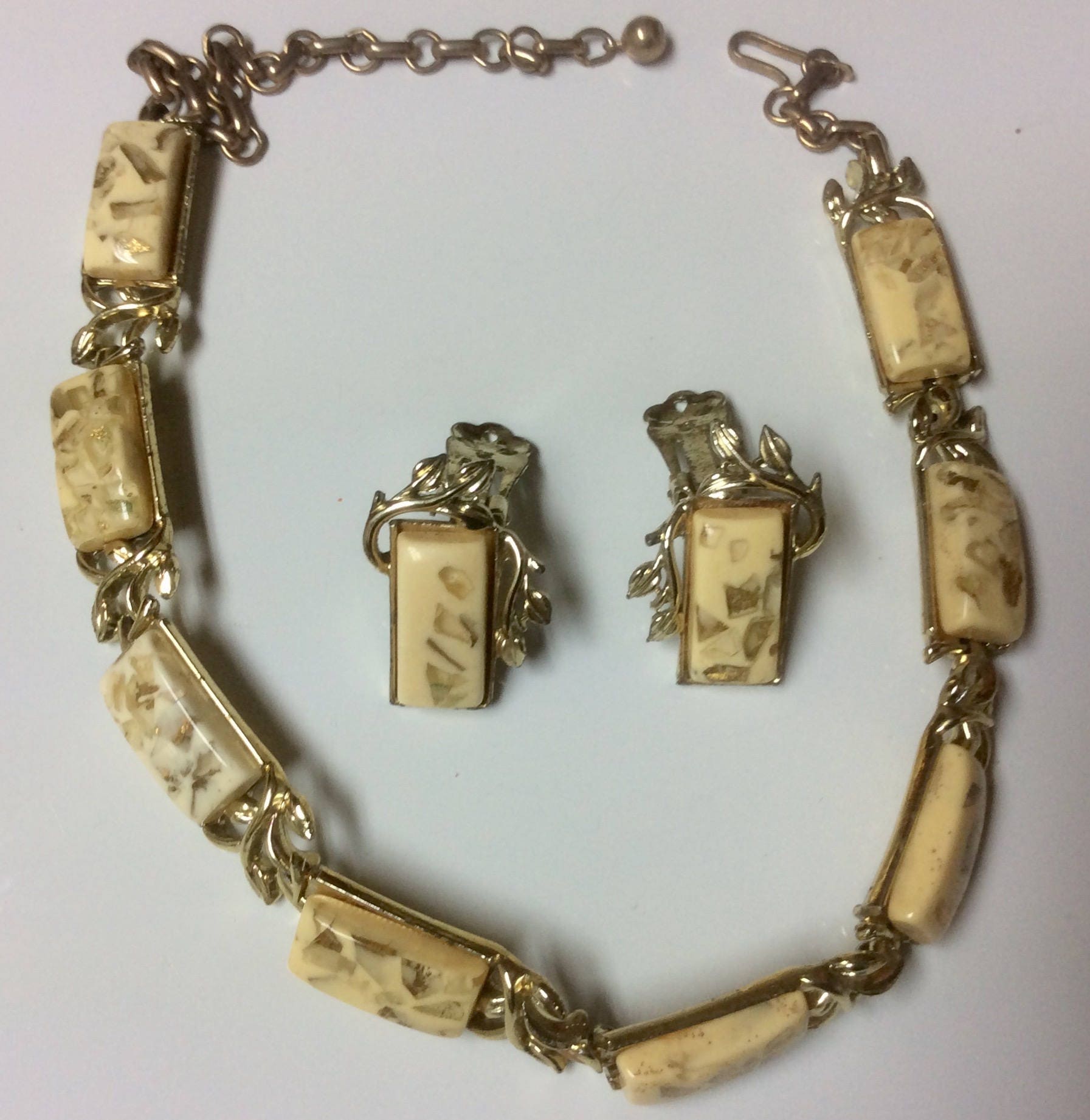 Vintage Signed Coro Lucite Opalescent with Gold Confetti Adjustable Necklace Clip On Earrings Set