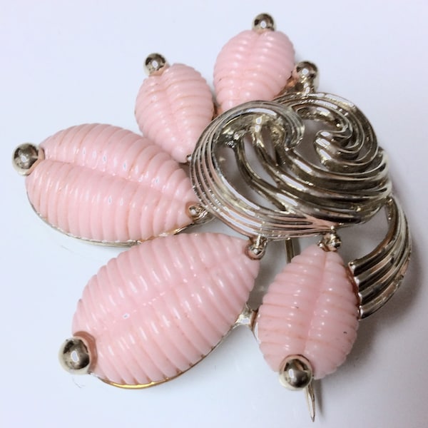 Marboux Brooch Pin Pink RibbedThermoset Pieces Silver Tone Metal