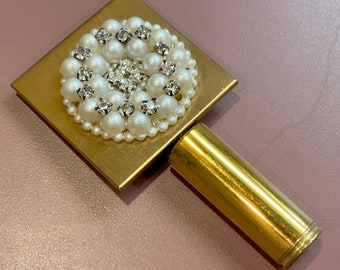 Support tube de rouge à lèvres pliable vintage miroir perles strass doré