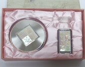 Nacon Powder Compact Purse Atomizer Set Unused in Box Mother of Pearl Silver