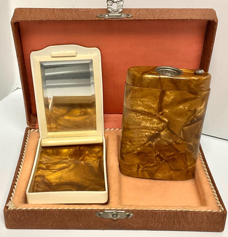 Art Deco Bakelite and Celluloid Powder Compact and Lighter Set Original ...