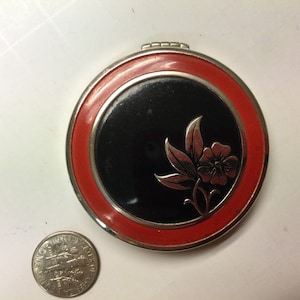 Rare Vintage Tre-Jur Powder Compact Unused Red Black Enamel