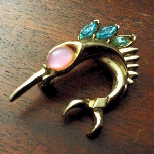 Vintage Signed Coro Jelly Bell Sword Fish Pink Moonglow Eye Gold Tone Tiny