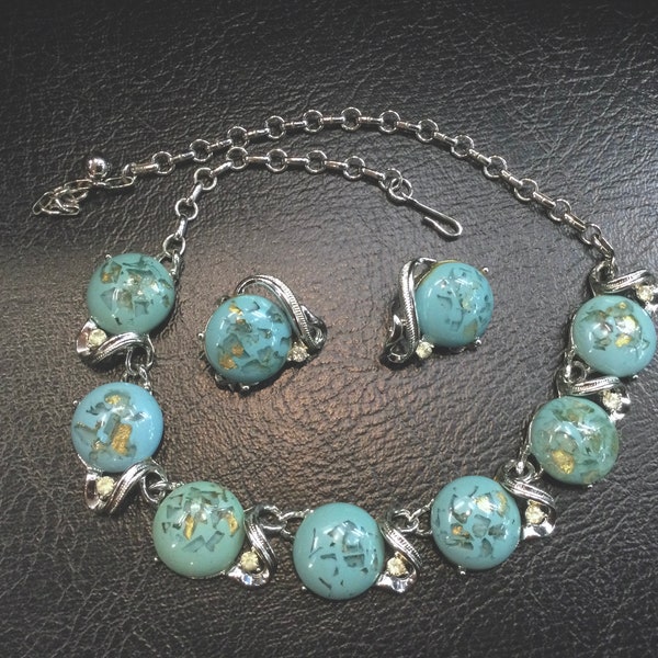 Vintage Signed Coro Thermoset Turquoise Confetti Necklace Clip Earrings Set