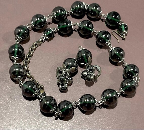 Demi-parure Vintage En Argent Sterling Avec Hématites - Bracelet Et Clips D'oreilles - Occasion