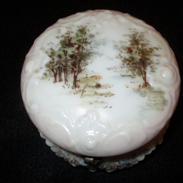 Antique Victorian WAVECREST Glass Powder Jar Trinket Box Handpainted C.F. Monroe