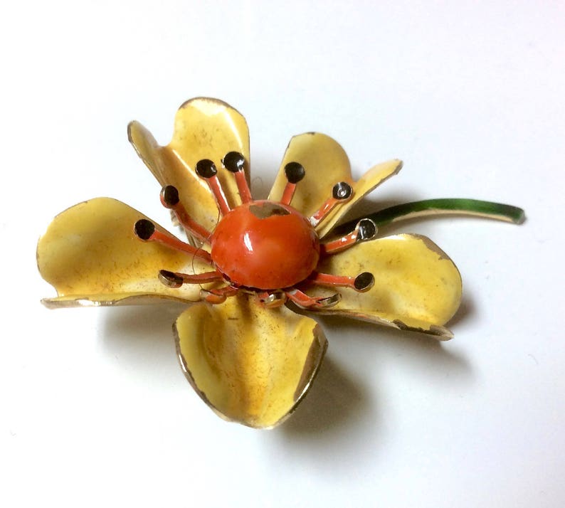 Delightful Vintage Signed ORIGINAL by ROBERT Enamel Flower BroochYellow Orange
