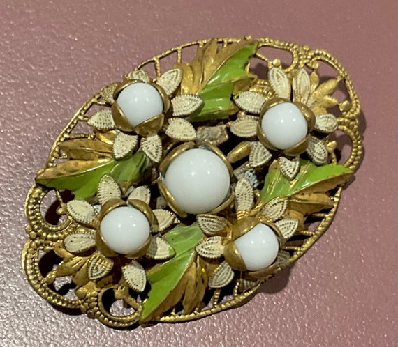 Broche Vintage Style Art Déco Argenté Émail Vert - Longueur 8,7 Cm, État Neuf
