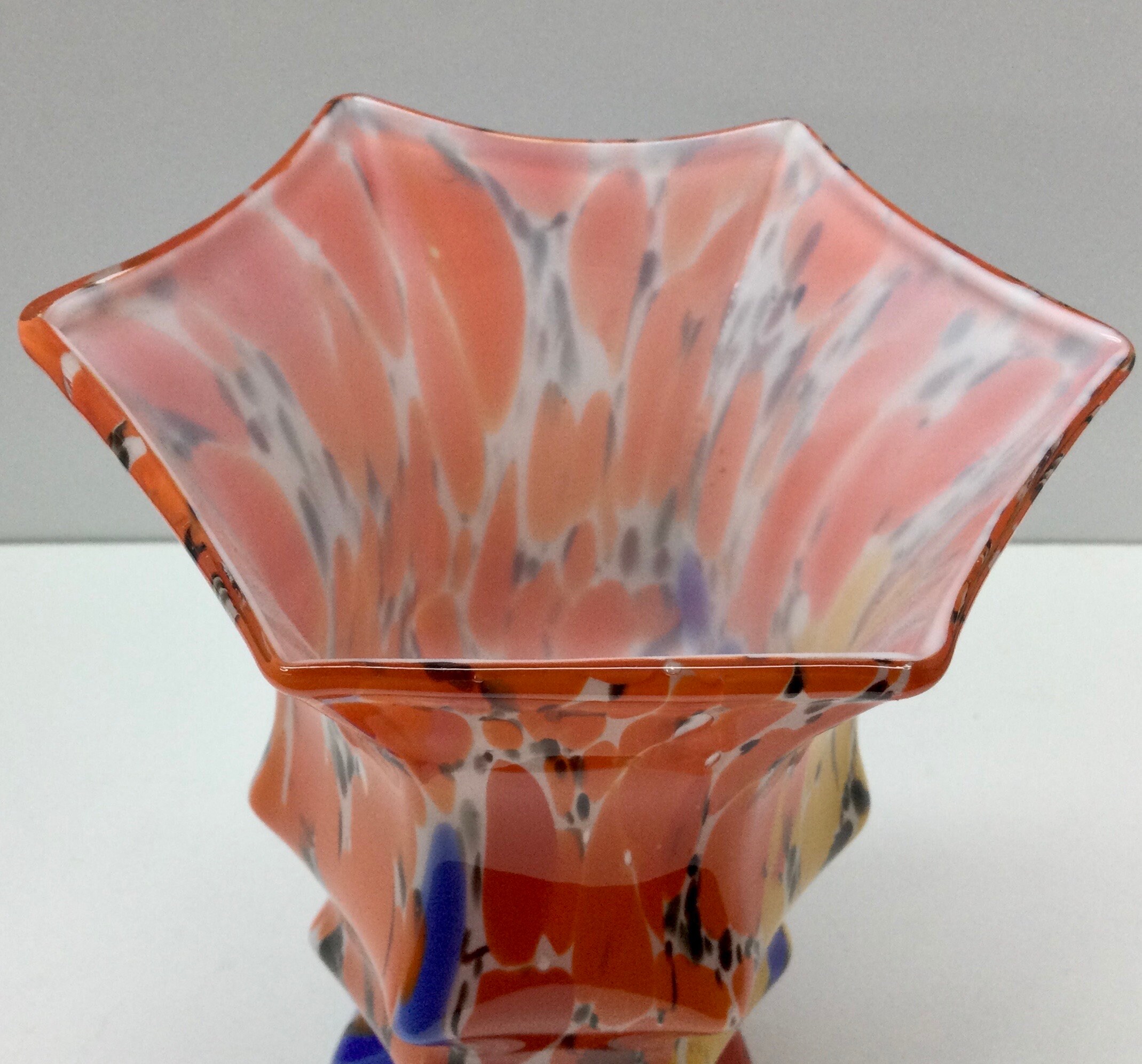 Czechoslovakian Glass Vase Multi Color Hexagonal Top Vintage