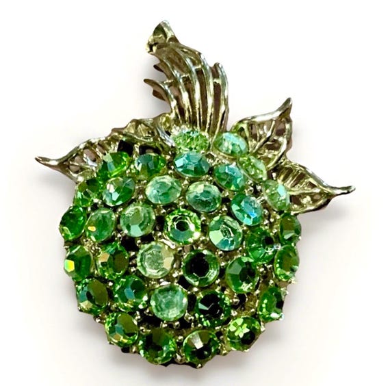 Vintage Apple Shaped Brooch Green Rhinestones Gold Metal