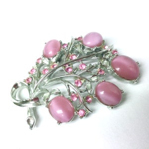 Vintage Pink Moonstone Rhinestone Brooch Silver Metal Bouquet