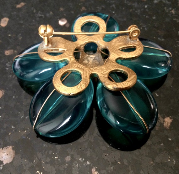 Vintage Blue & Green Rhinestone Flower Brooch Pin, 1950's