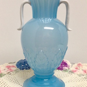 Elegant Czechoslovakian Glass Vase Blue White Handles Art Deco Signed