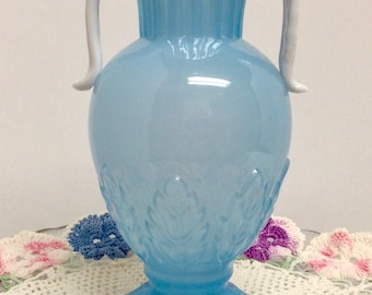 Elegant Czechoslovakian Glass Vase Blue White Handles Art Deco Signed