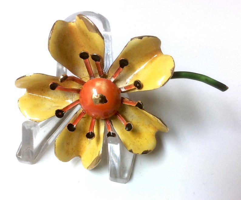 Delightful Vintage Signed ORIGINAL by ROBERT Enamel Flower BroochYellow Orange
