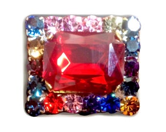 Vintage Made in Czechoslovakia Rhinestone Brooch Multi Color Faceted Jewels Square