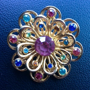 Petite Vintage Signed Coro Brooch Pin Multi Color Rhinestones Gold Tone Metal