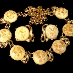Coro Lucite Confetti and Rhinestone Necklace Earring Set Yellow Gold