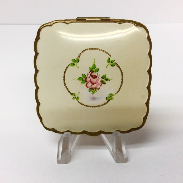 Vintage Enamel Powder and Rouge Compact Pink Rose 1920s