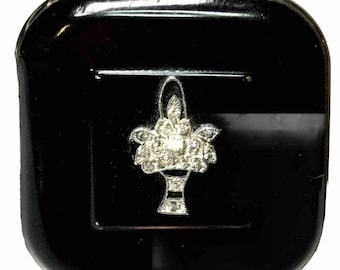 Art Deco Combination Compact Powder Rouge Flower Basket Black Enamel